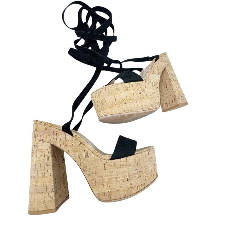 Gianvito Rossi size 39 9 Cork Platform Sandals Ankle Tie Strap Black Suede shoes - Picture 3 of 15